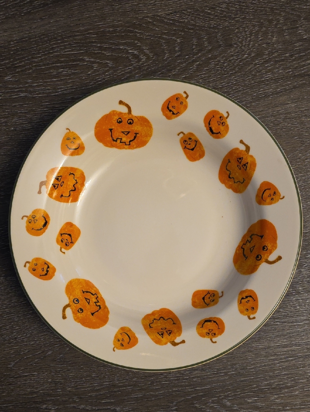 Longaberger Pumpkin Motif Ceramic Dinner Plate - Orange and Green Trim